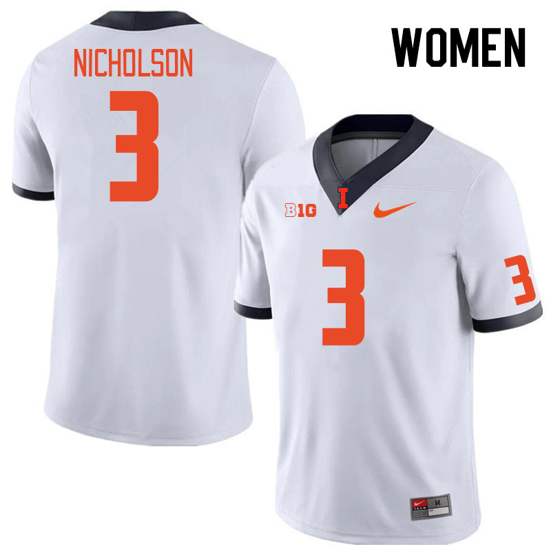 Women #3 Tahveon Nicholson Illinois Fighting Illini College Football Jerseys Stitched Sale-White